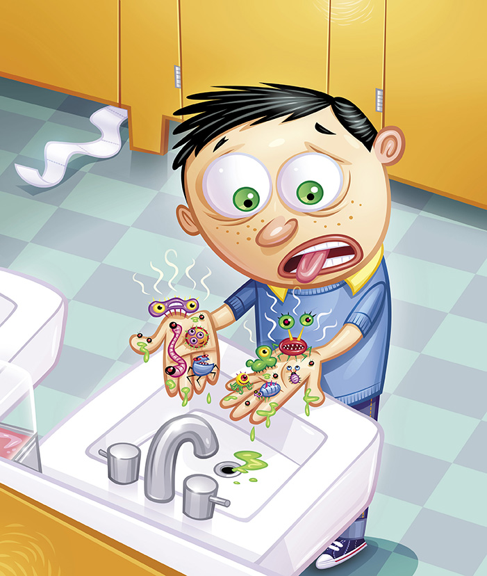 Cartoon of a kid covered in germs